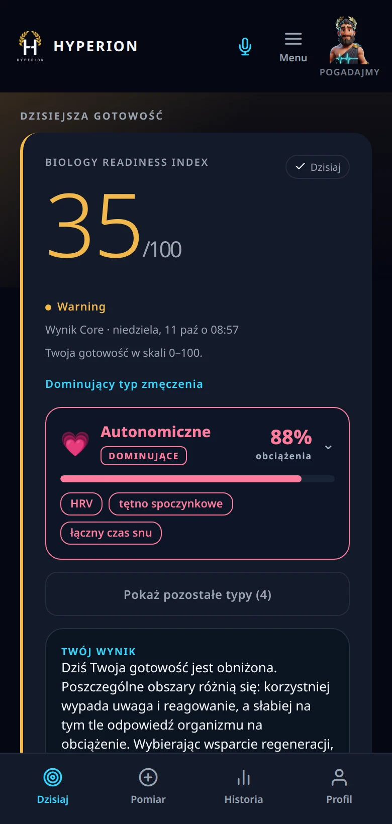 Interfejs mobilny Hyperiona z gotowością 35 na 100
